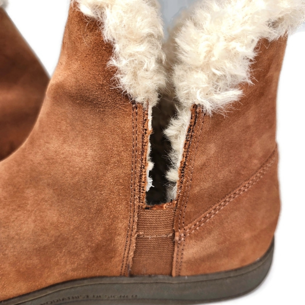 Vionic Unwind Tan Suede Faux Shearling Notched Sides Pull-On Flat Ankle Booties - Picture 9 of 14